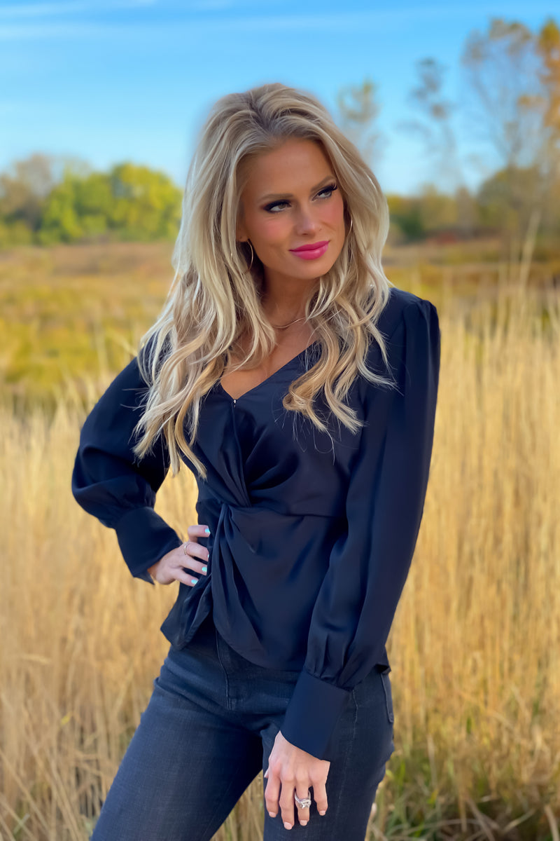 The Night Before Front Twist Satin Blouse : Black