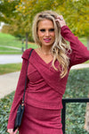 Remembering Tonight Brushed Ribbed OTS Wrap Top : Burgundy