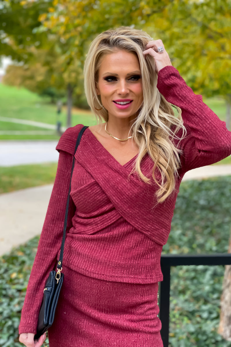 Remembering Tonight Brushed Ribbed OTS Wrap Top : Burgundy