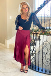Nothing Compares Satin Pleated Midi Skirt : Wine
