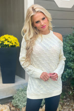 Back To My Roots One Cold Shoulder Cable Knit Sweater : Ivory