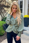 The Night Before Front Twist Satin Blouse : Olive