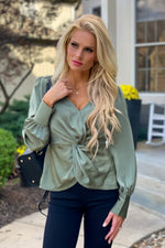 The Night Before Front Twist Satin Blouse : Olive