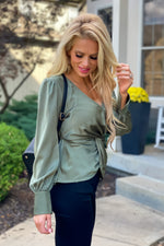 The Night Before Front Twist Satin Blouse : Olive