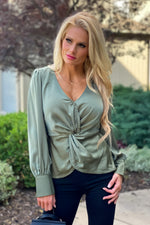 The Night Before Front Twist Satin Blouse : Olive