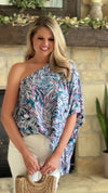 My Pretty Valentina  One Shoulder Balloon Blouse : Turquoise/White/Pink