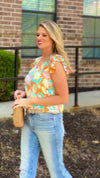 Radiating Blooms Double Ruffle Sleeved Top : Orange/Floral