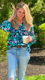 Bloom With Me V-Neck Shift Blouse : Black/Aqua