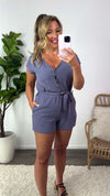 Always On Time Button Down Front Romper : Steel
