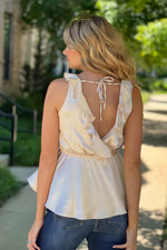 Truly Chic Sleeveless Open Back Ruffle Blouse : Champagne