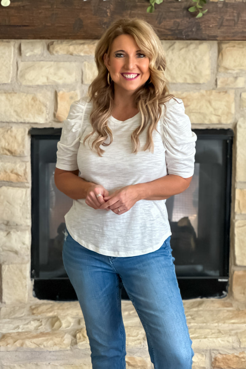 Liverpool Skylar Gathered Puff Sleeve Top : Cream