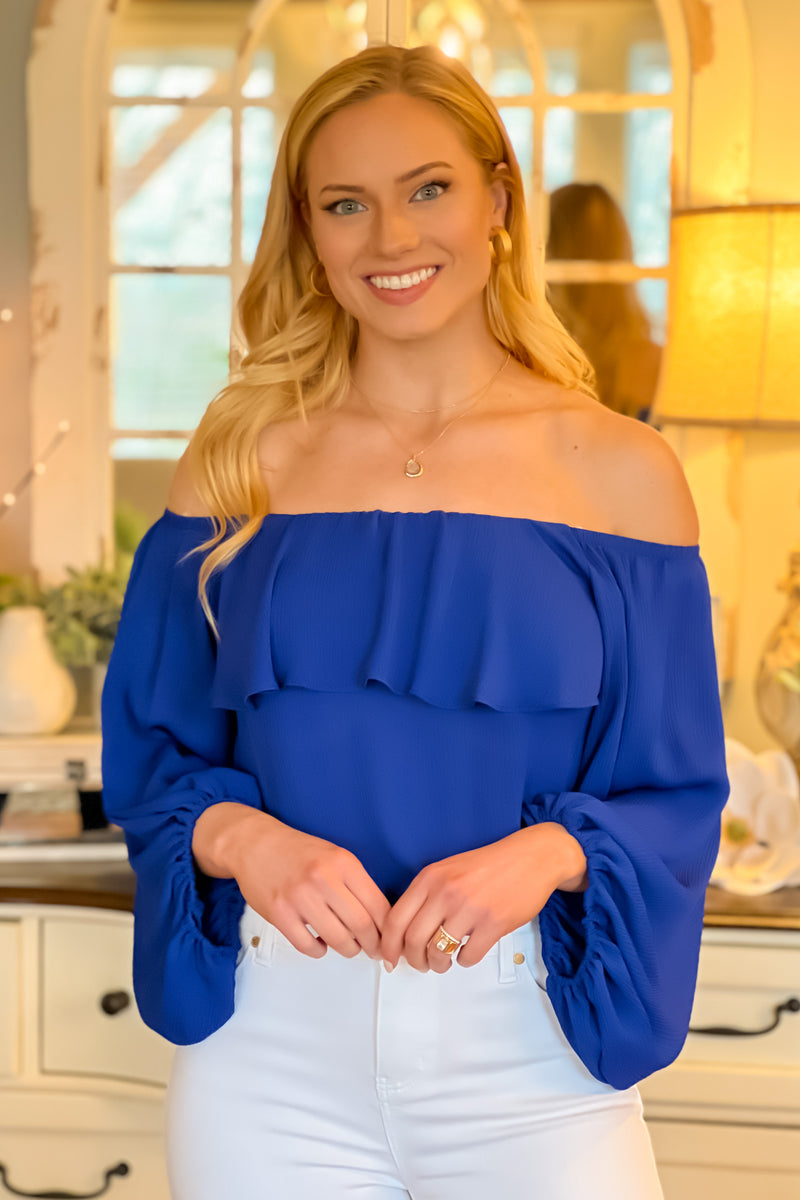 Sweet Remedy Ruffle Neck Balloon Crop Top : Royal Blue