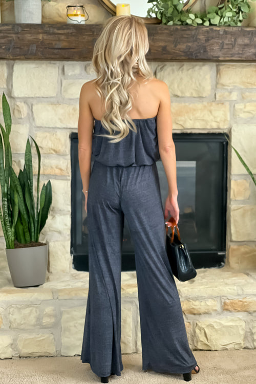 Delightful Night Printed Strapless Jumpsuit : Heathered Black