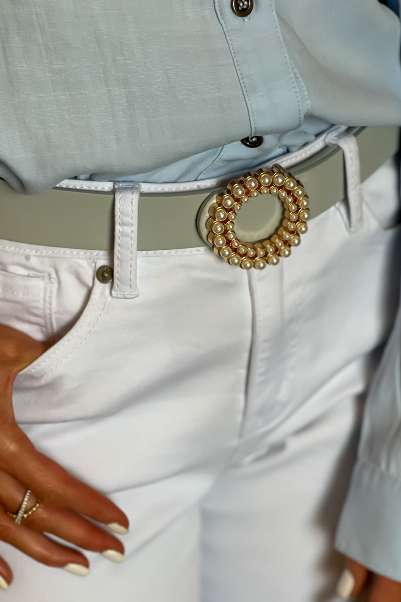 Shiny Perfection Pearl Circle Faux Leather Belt : Light Grey