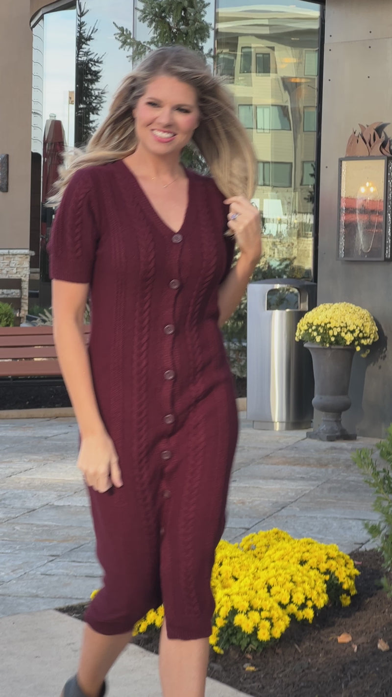 Be Here Now Cable Knit Short Sleeve Sweater Dress : Wine