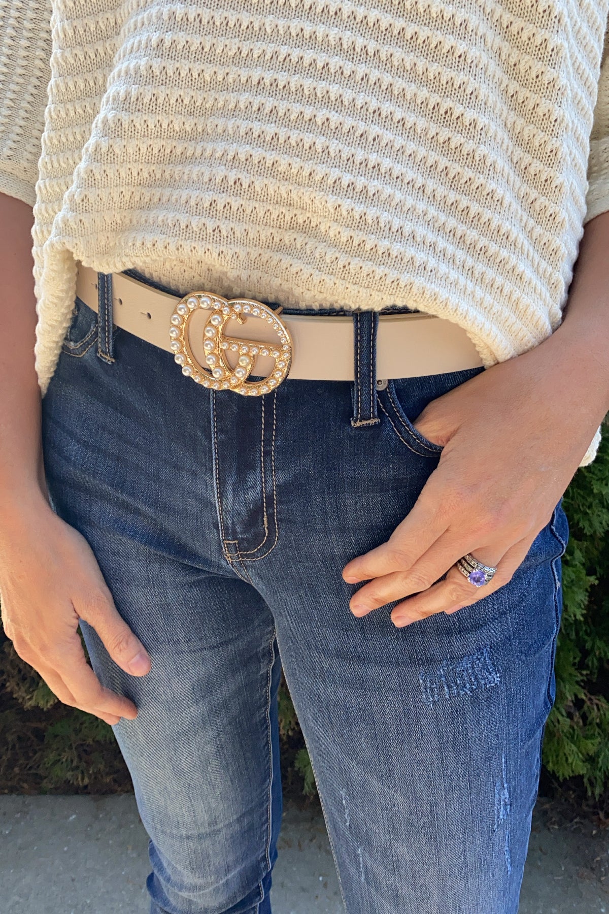 Touch Of Glam Pearl Faux Leather Belt : Ivory