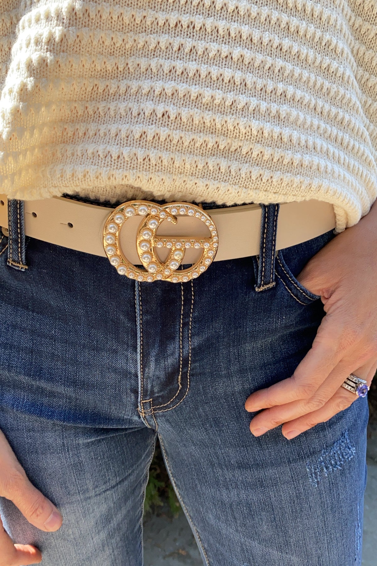 Touch Of Glam Pearl Faux Leather Belt : Ivory