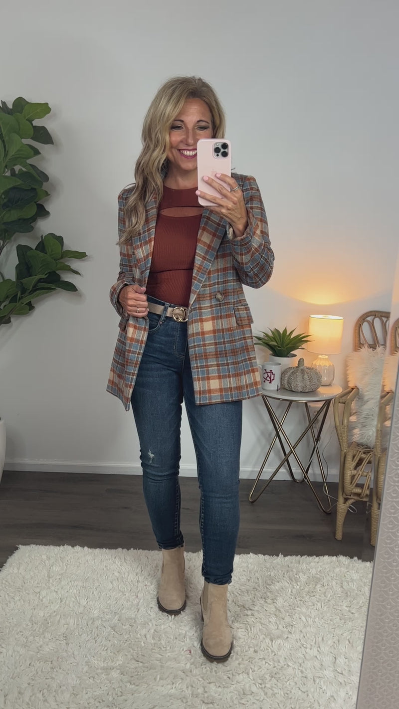 Felt The Chill Plaid Double Breasted Blazer : Rust/Blue/Beige
