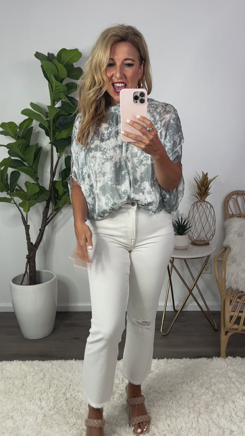 Cotton Candy Mock Neck Caftan Blouse : Grey Tie Dye