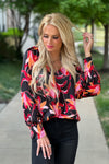 Love The Drama Bubble Sleeve Shift Blouse : Black/Red/Orange