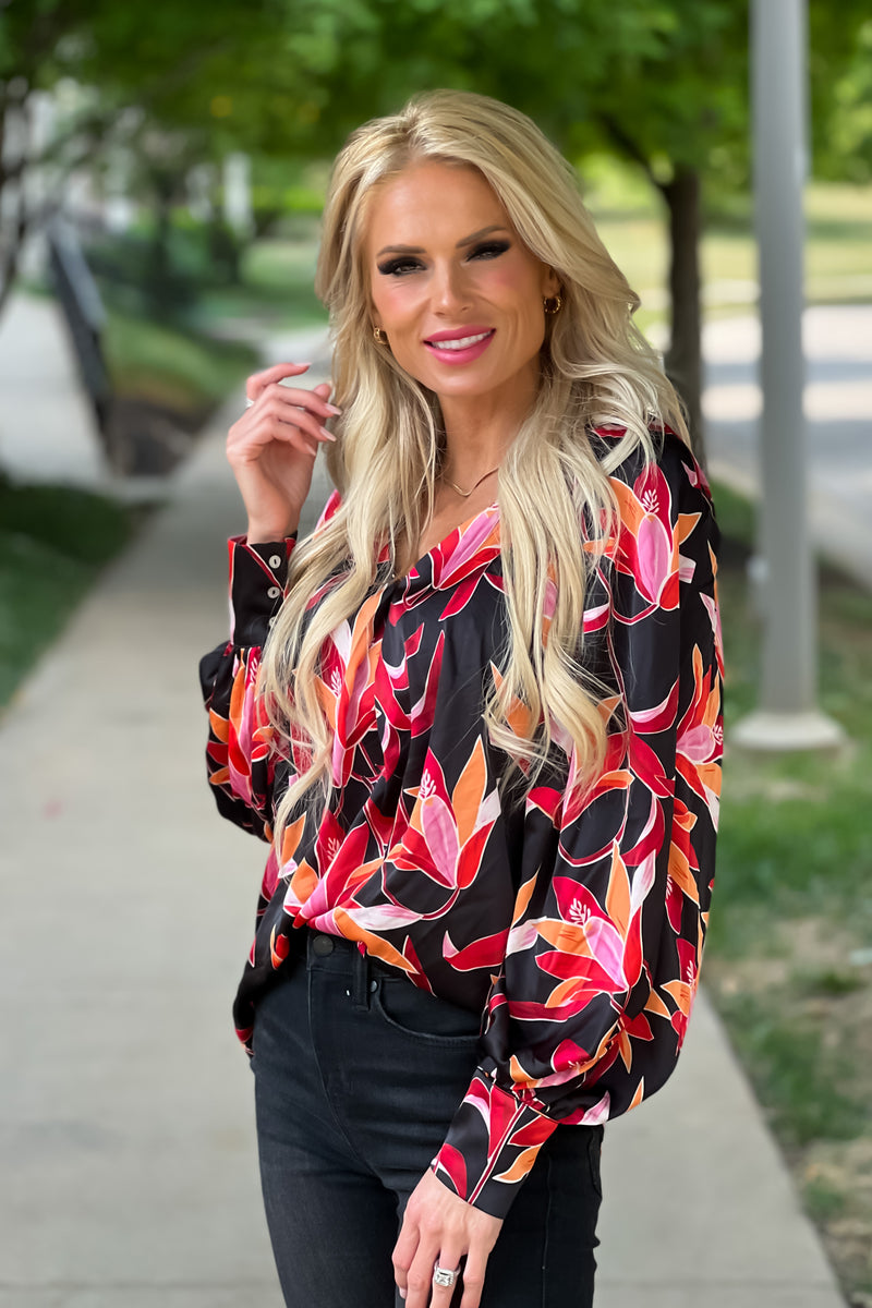 Love The Drama Bubble Sleeve Shift Blouse : Black/Red/Orange