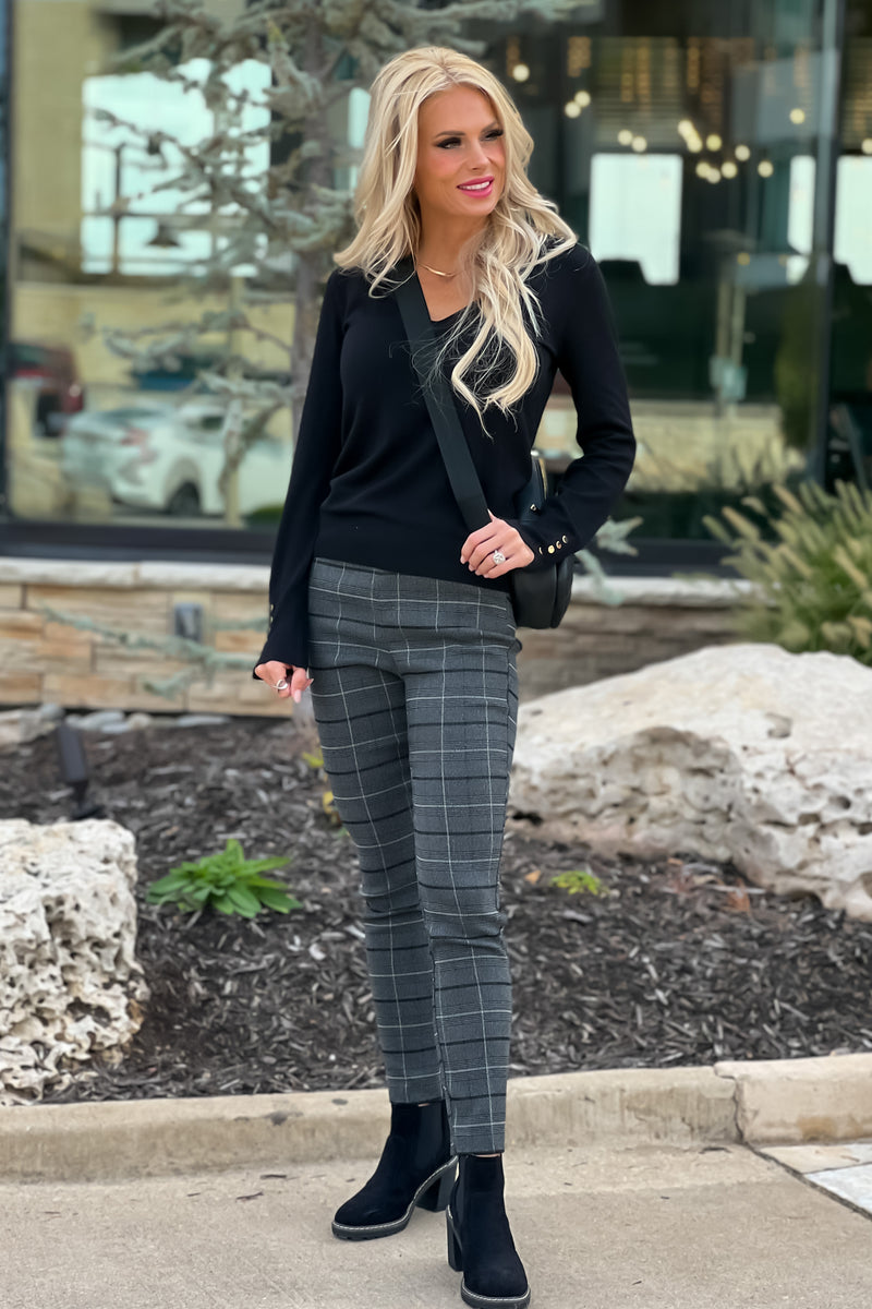 Tribal Kennedy Plaid Pull On Ankle Pant : Grey/Black