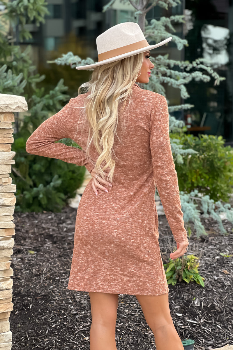 Point The Way Ribbed Knit Shirt Dress : Heathered Rust