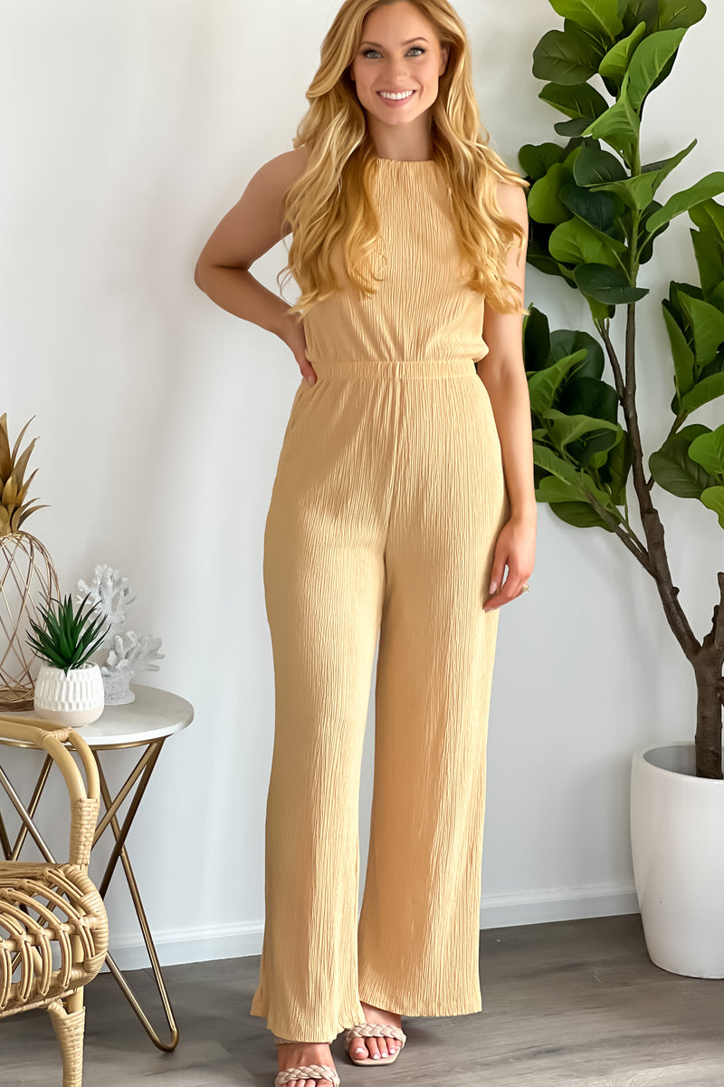 Carefree By The Sea Crinkle Knit Halter Jumpsuit : Light Mustard