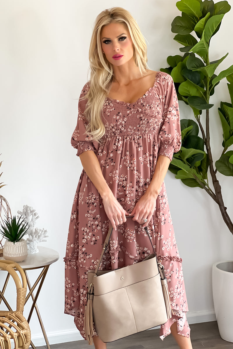 Perfect Date Smocked Balloon Sleeve Dress : Cocoa Mauve