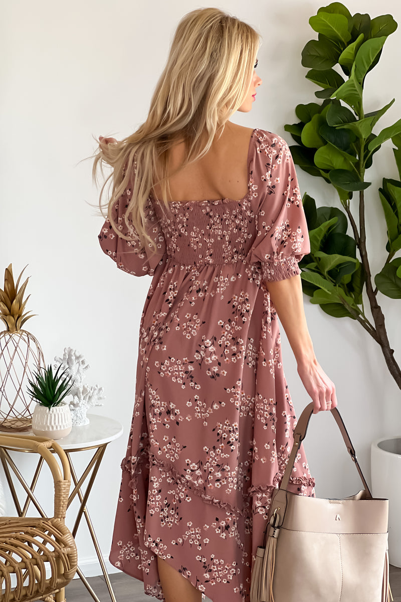 Perfect Date Smocked Balloon Sleeve Dress : Cocoa Mauve