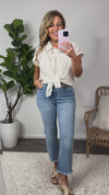 This Is The Day Embroidered Mesh Button Down Shirt : Cream