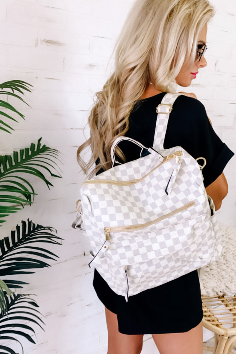 My Ride Along Plaid Faux Leather Backpack : White