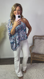 My Pretty Valentina  One Shoulder Balloon Blouse : Turquoise/White/Pink