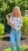 Day Of Roses Ruffle Sleeve Off Shoulder Blouse : Cream/Black