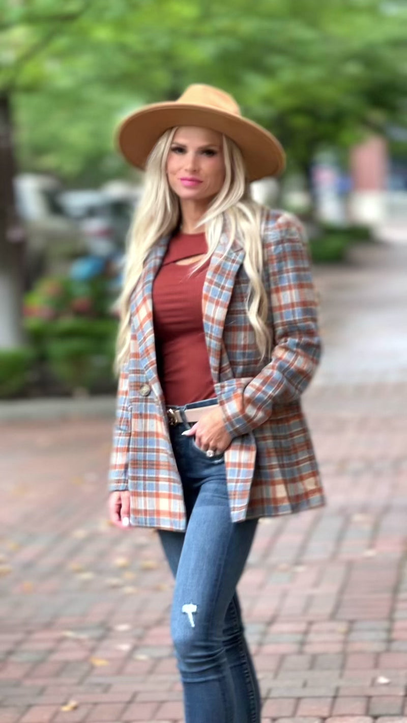 Felt The Chill Plaid Double Breasted Blazer : Rust/Blue/Beige