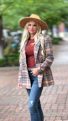 Felt The Chill Plaid Double Breasted Blazer : Rust/Blue/Beige