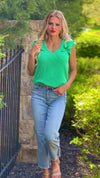 Good News Ribbed Double Ruffle Sleeve Top : Green