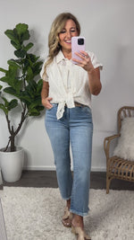 This Is The Day Embroidered Mesh Button Down Shirt : Cream