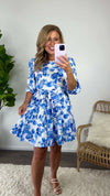 Garden Blooms Bubble Sleeve Flare Mini Dress : Blue/White