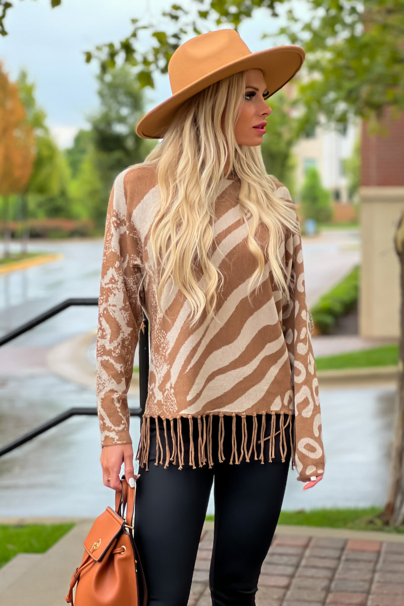 Carefree Days Animal Print Fringe Sweater : Brown/Cream