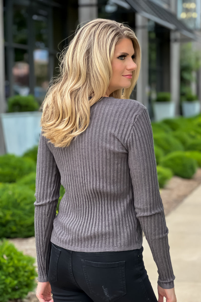 Coffee & Smiles V-Neck Ribbed Cardigan : Charcoal