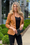 All I Know Ruched Sleeve Faux Leather Blazer : Camel