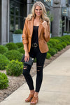 All I Know Ruched Sleeve Faux Leather Blazer : Camel