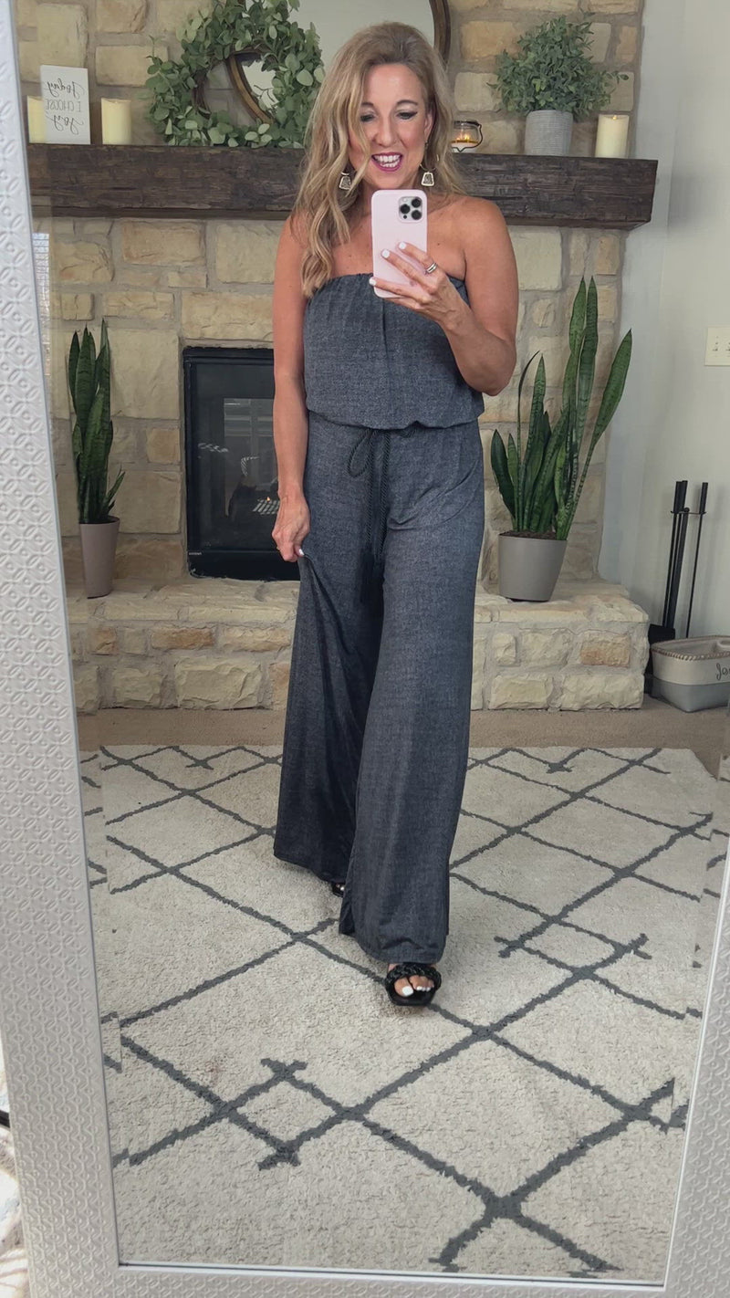 Delightful Night Printed Strapless Jumpsuit : Heathered Black
