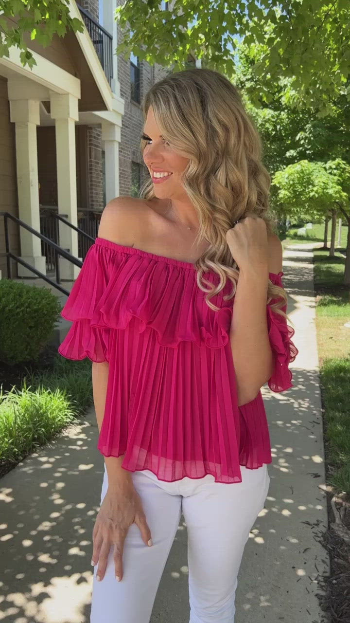 Festive Flare Off Shoulder Pleated Top : Fuschia