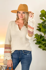 Autumn Days Crochet Bell Sleeve Sweater : Oatmeal