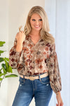 Vino Weekend Floral Trumpet Sleeve Blouse : Taupe/Teal/Grey