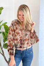 Vino Weekend Floral Trumpet Sleeve Blouse : Taupe/Teal/Grey