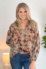 Vino Weekend Floral Trumpet Sleeve Blouse : Taupe/Teal/Grey