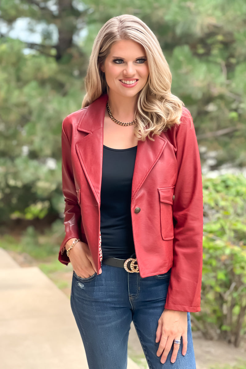 Something More Faux Leather Short Jacket : Burnt Red
